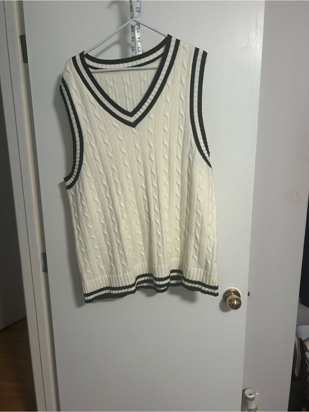 V-Neck Cable Knit Sweater Vest in Cream with Black Trim